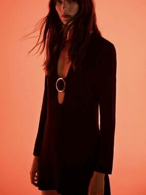 BNWT Zara Black Satin Mini Dress Size S Cut Out V-Neck Metal Buckle Sexy Party